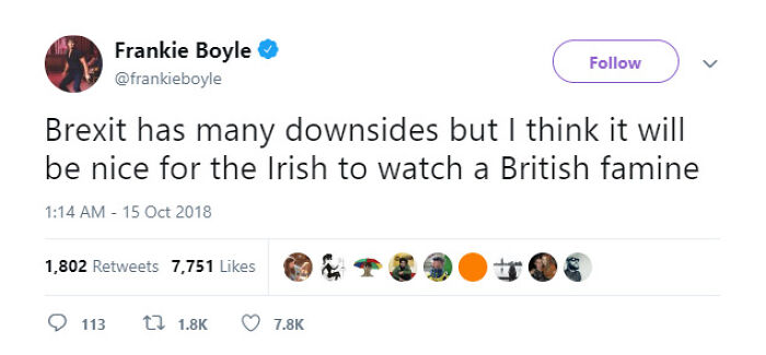 Tweet by comedian Frankie Boyle humorously addressing Brexit with Irish humor, reflecting the Irish sense of humor.