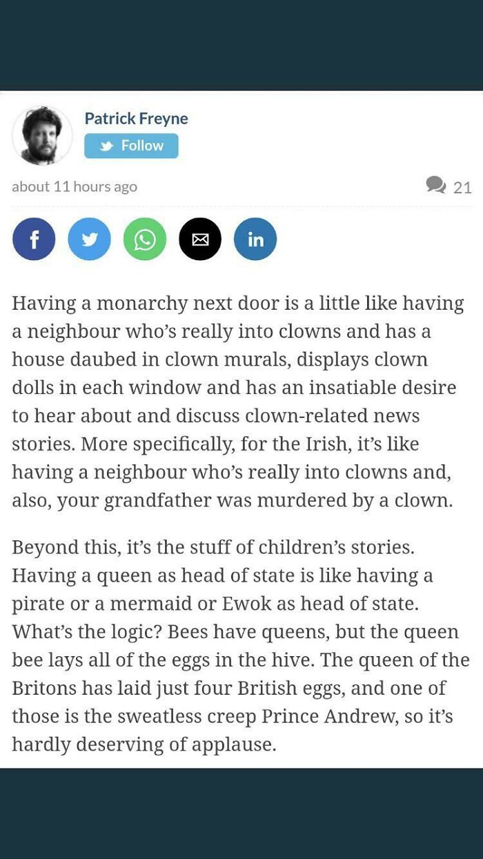 Screenshot of a humorous online post reflecting Irish humor and perspectives on monarchy and neighbors.