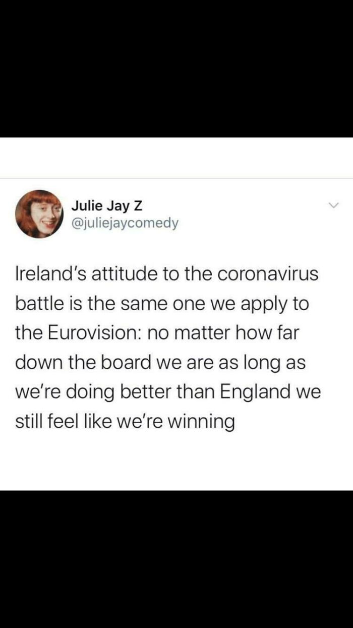 Tweet by Julie Jay Z humorously comparing Ireland's coronavirus attitude to Eurovision, highlighting Irish humor and national pride.