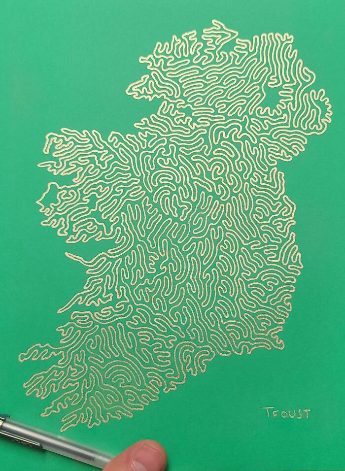 Intricate line art map of Ireland on green paper, symbolizing the Irish sense of humor in an online group context.