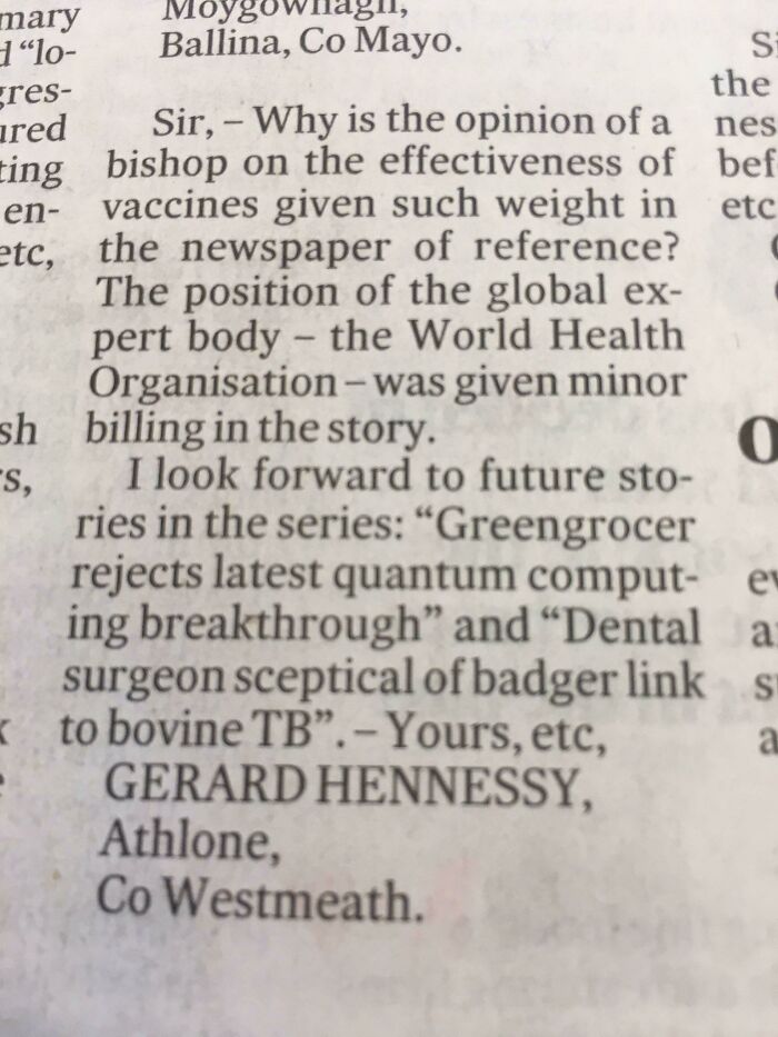 Newspaper letter humorously questioning vaccine opinions, reflecting Irish sense of humor from online group posts about Ireland.