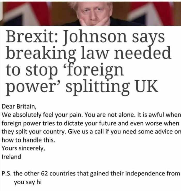 Humorous post from online group highlighting Ireland’s witty take on Brexit and foreign power splitting the UK.