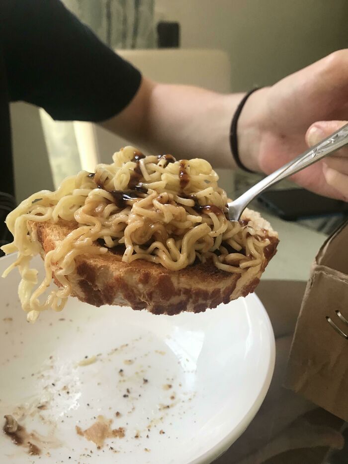Toast, Plain Indomie Noodles, And BBQ Sauce. My Boyfriend Is A Cretin