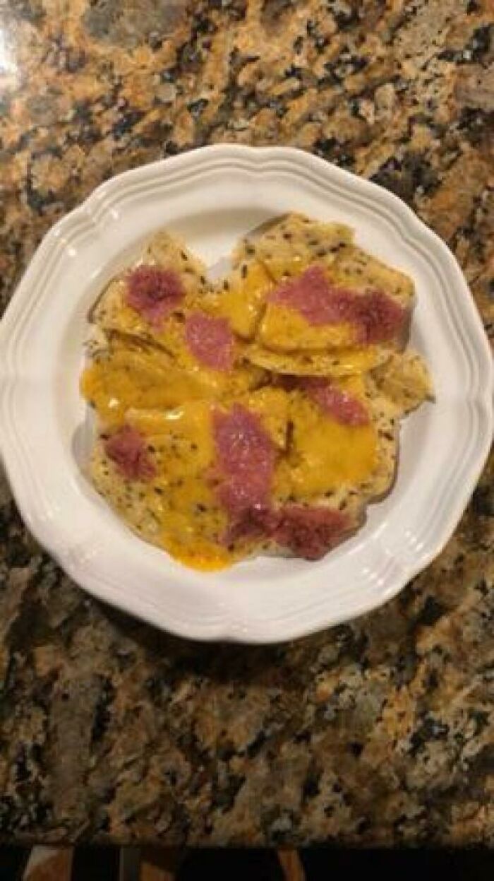 Microwaved Chips, A Slice Of Cheese, And Salami. My Boyfriend’s Take On Nachos