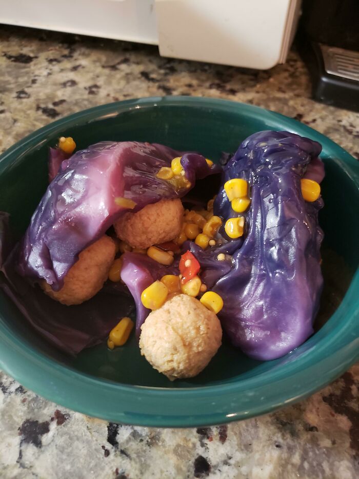 My Boyfriend Made This Dinner For Himself: Cabbage, Previously-Frozen Meatballs, Spicy Corn Salsa. This Is A Regular Occurrence
