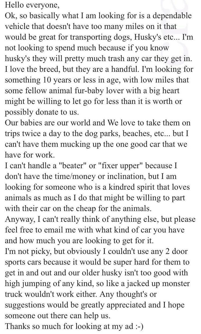 “Donate Your New Car To Me Because I Don’t Want My Dogs To Trash My Own Car”