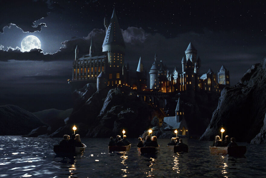 Night scene with a moon - six boats with kids sail to Hogwarts