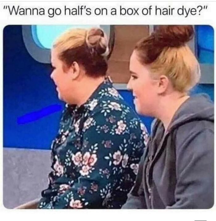 Two people with matching half-blonde hairstyles sitting side by side, showcasing unique hair choices.