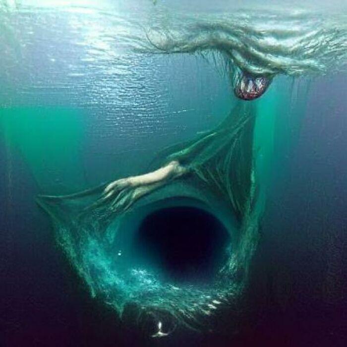 A terrifying figure with outstretched arms emerges from dark deep waters, triggering fear of deep waters and thalassophobia.