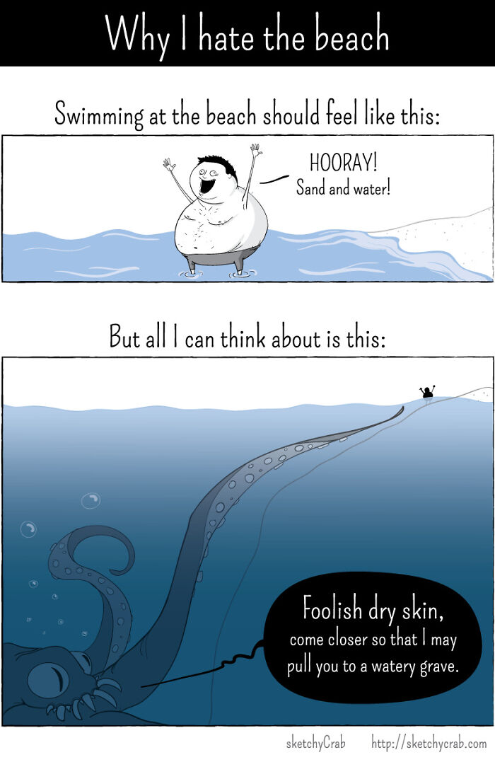 Cartoon showing fear of deep waters with a happy swimmer above and a giant tentacle lurking below, triggering thalassophobia.