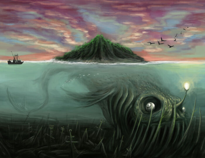 A giant deep sea anglerfish lurking underwater near a small island and a fishing boat triggers thalassophobia fears.