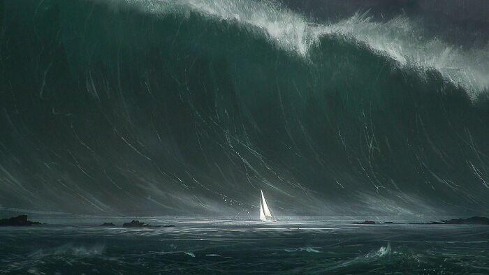 A small white sailboat faces a massive dark wave in deep waters, illustrating thalassophobia and fear of ocean depths.