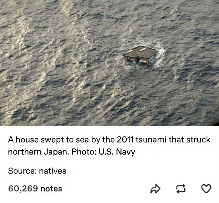 House swept away by ocean waves during the 2011 tsunami, evoking thalassophobia and fear of deep waters.