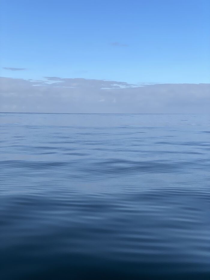 Calm deep ocean water stretching to horizon under a clear blue sky triggering thalassophobia fears.