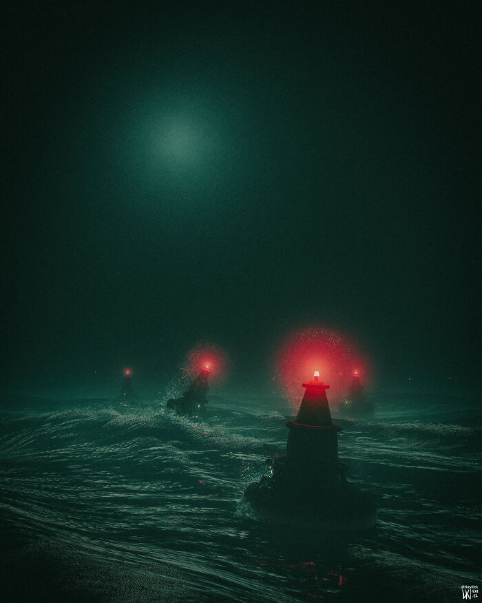 Red lights glowing on buoys in dark, turbulent ocean waves evoking deep waters and thalassophobia.