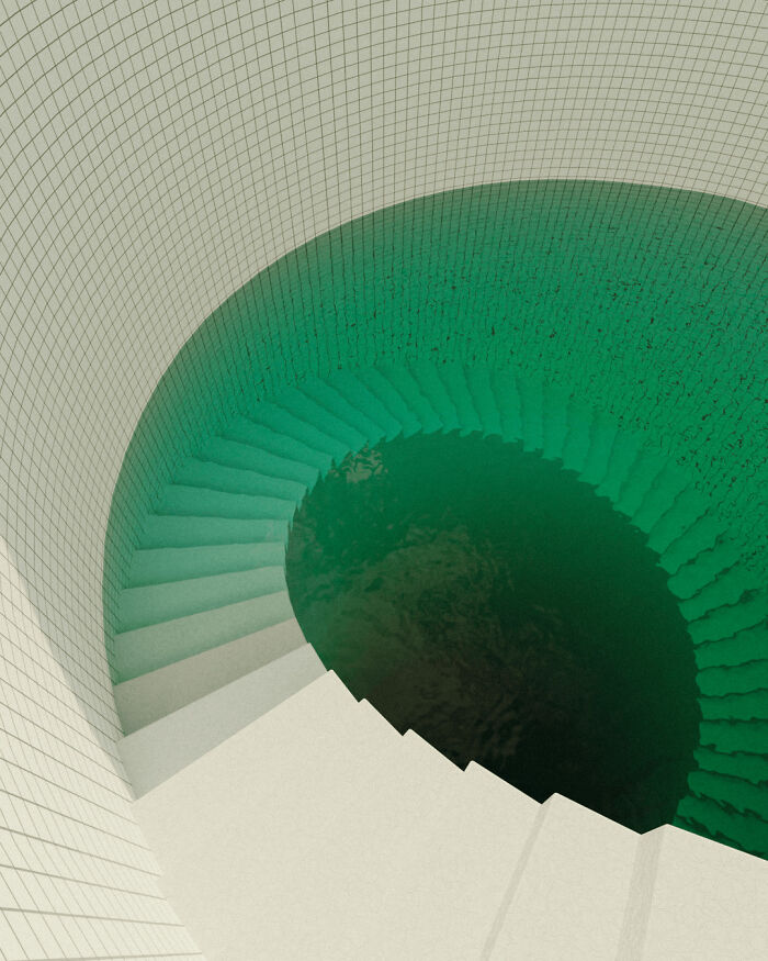 Spiral staircase descending into dark green water, evoking feelings related to thalassophobia and fear of deep waters.