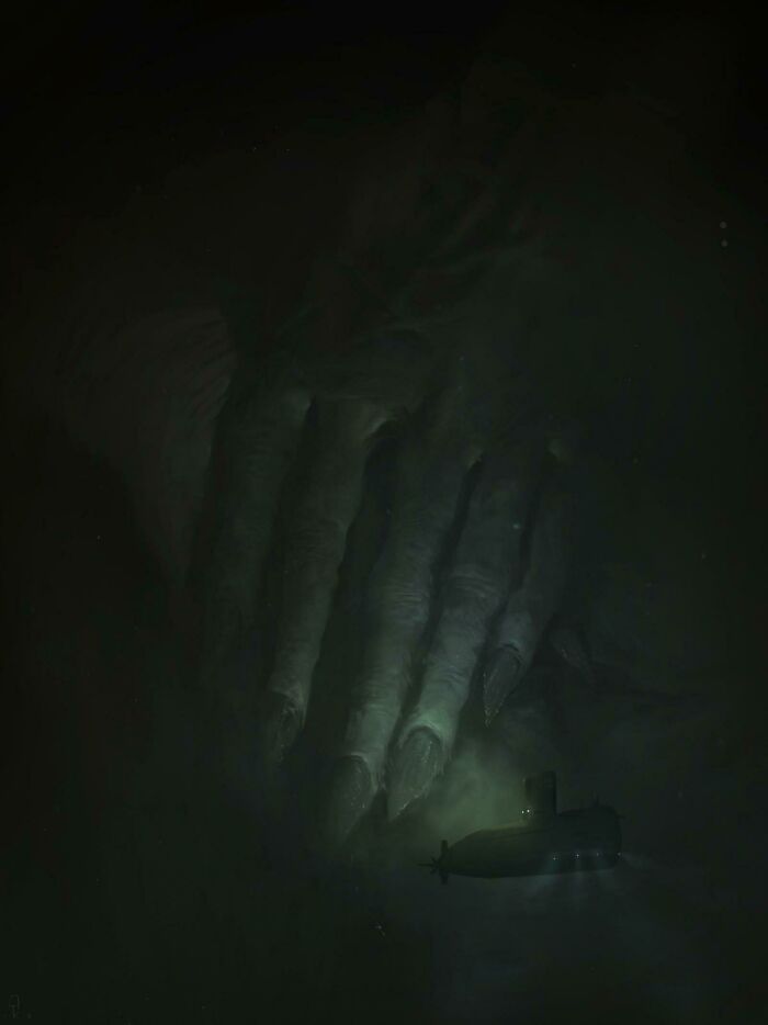 Deep underwater scene showing a submarine near a giant claw, triggering thalassophobia and fear of deep waters.