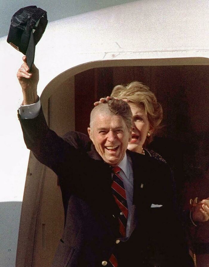 Former President Ronald Reagan Doffs His Baseball Cap, Exposing His Partially Shaved Head