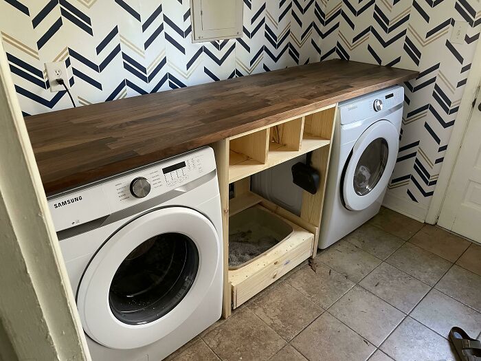 Karlby Laundry Room Counter + Custom Shoe Rack/Cat Litter Drawer