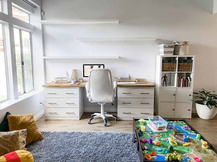 Shoutout To My Husband For Building Us This Work/Play Area When I Pregnant Cried To Him About Losing Our Spare Room To The New Baby. Malm X2, Karlby, Kallax +4 Inserts & Lack X3!