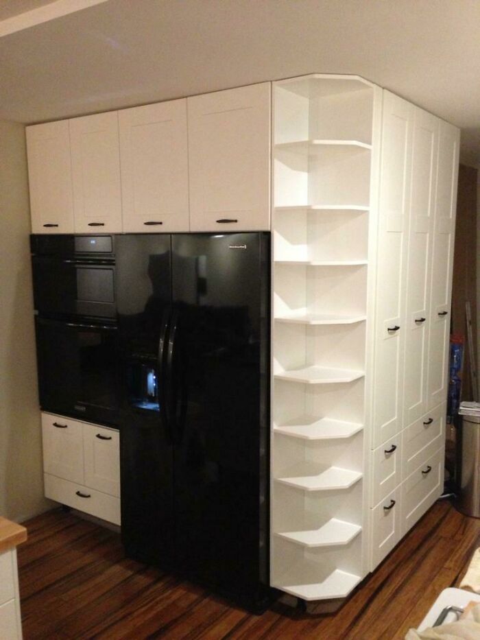 Akurum Kitchen Section With Hacked 3-Into-1 Tall Corner Shelf And Adjacent Hacked Tall Shallow Cabinet