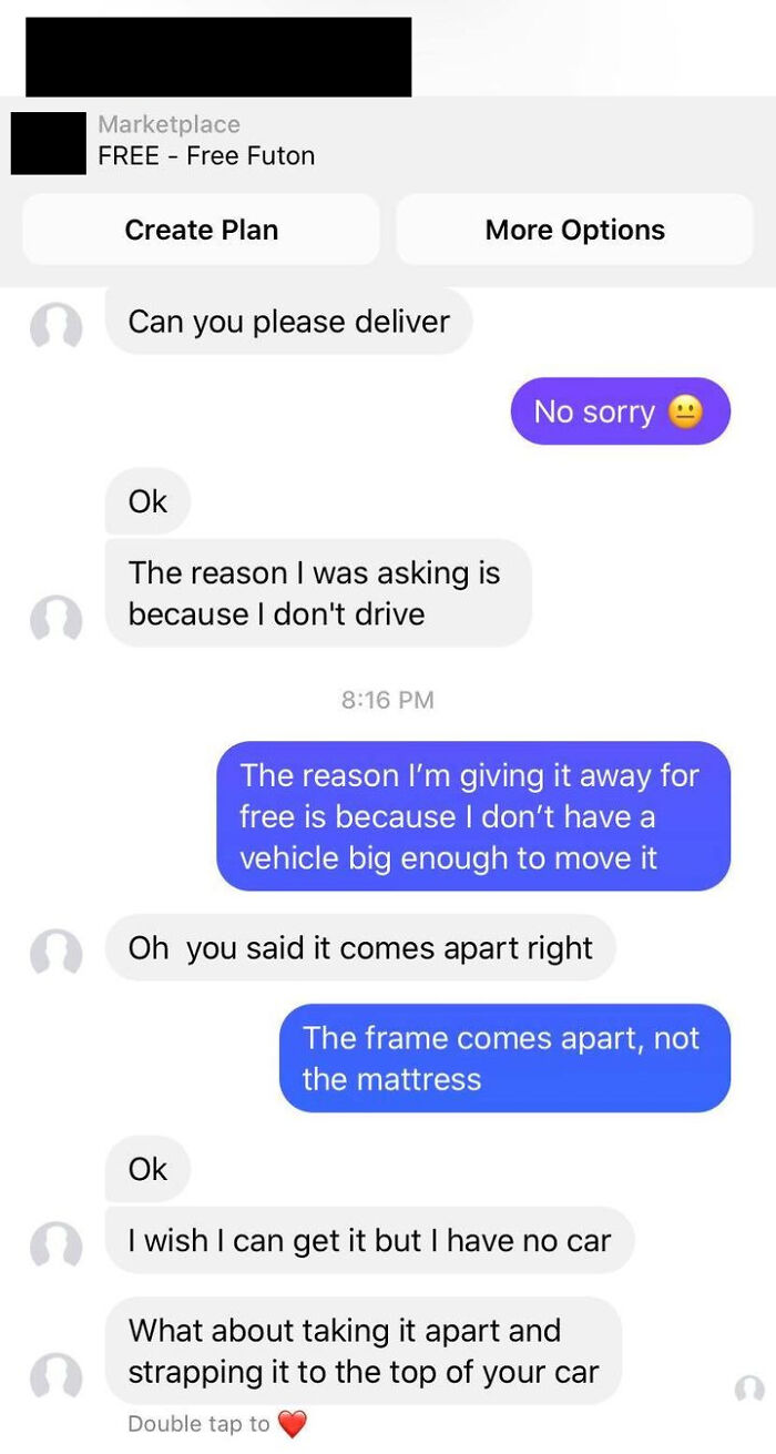 Cb Asks My So To Take Apart A Futon, Strap It To The Top Of Her Car, And Deliver It. For Free