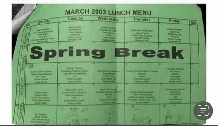 School Lunch Menu Showing Days Off