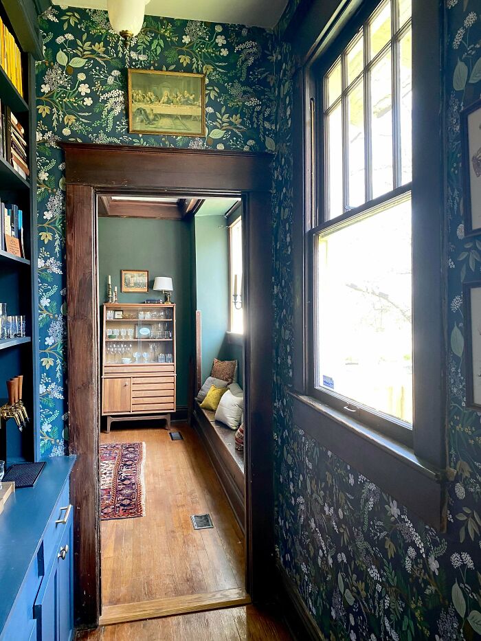 I Just Added Wallpaper To This Little Nook In Our House Which Is Our Bar/Bookcase Area And I Can’t Believe How Much It Elevated The Space