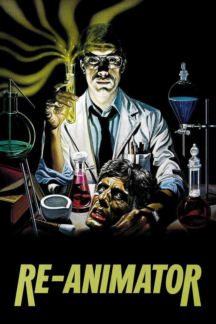 Horror comedy scene with scientist holding glowing test tube and a severed head among lab equipment in dark setting