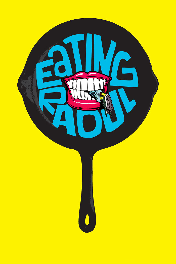 Illustration of a frying pan with the words "Eating Raoul" and a shoe being bitten by red lips, horror comedy theme.