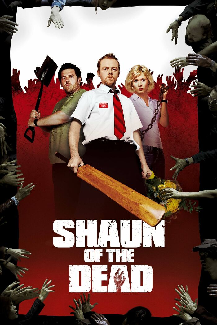 Three characters surrounded by zombie hands in a horror comedy scene holding a bat and shovel, representing horror comedies.