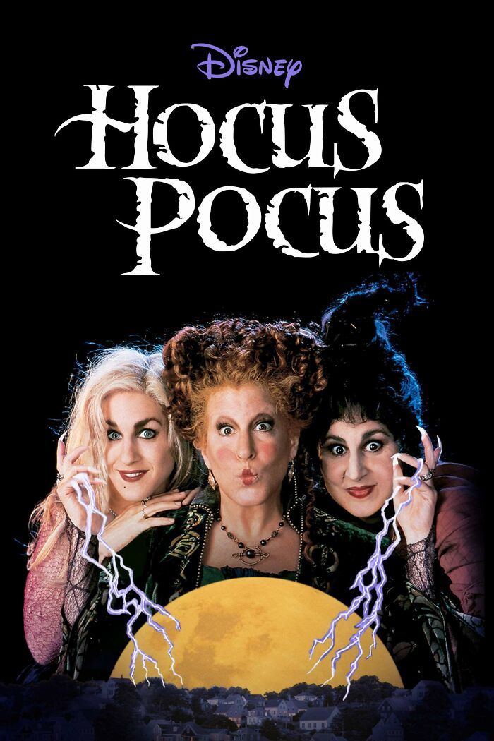 Disney Hocus Pocus poster featuring three witches with lightning effects, a full moon, and a dark spooky background.