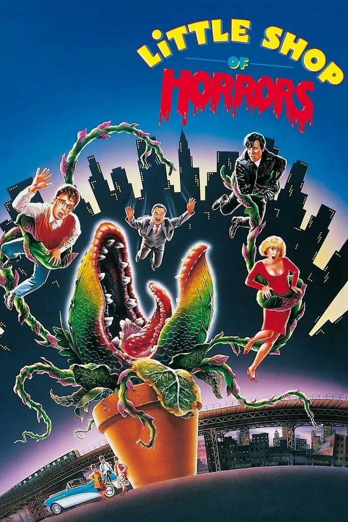 Illustration of a giant carnivorous plant attacking people with a city skyline, highlighting horror comedies theme.