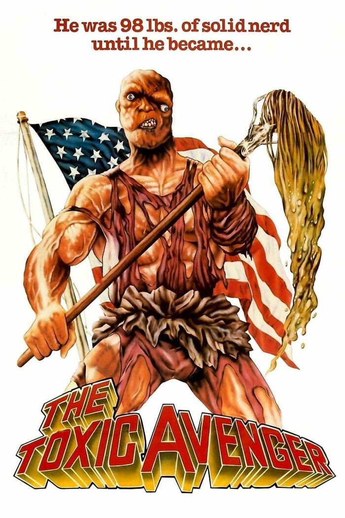 The Toxic Avenger character holding a mop with American flag backdrop in a horror comedy style poster.