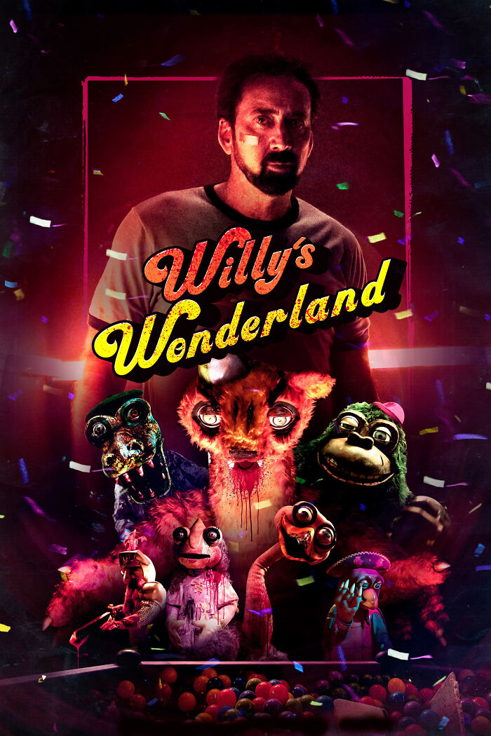Man with bandage on face surrounded by creepy puppet characters in a horror comedy scene with vibrant confetti background.