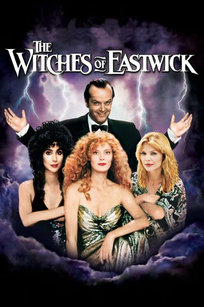 The Witches of Eastwick movie poster with three women and a man amid spooky lightning showcasing horror comedy characters.