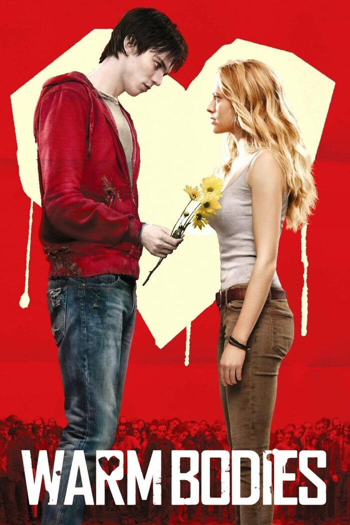 Young man and woman facing each other with flowers, set against a red background, illustrating horror comedies theme.