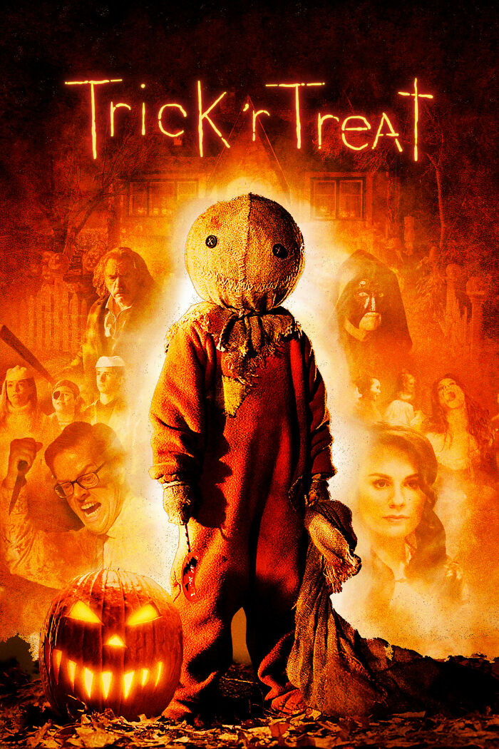 Scary character in a mask with a glowing jack-o-lantern in a scene from a horror comedy movie poster.