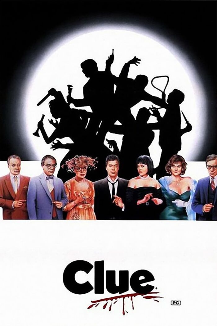 Movie poster of Clue featuring characters in front of shadowy figures with weapons, representing horror comedies theme.
