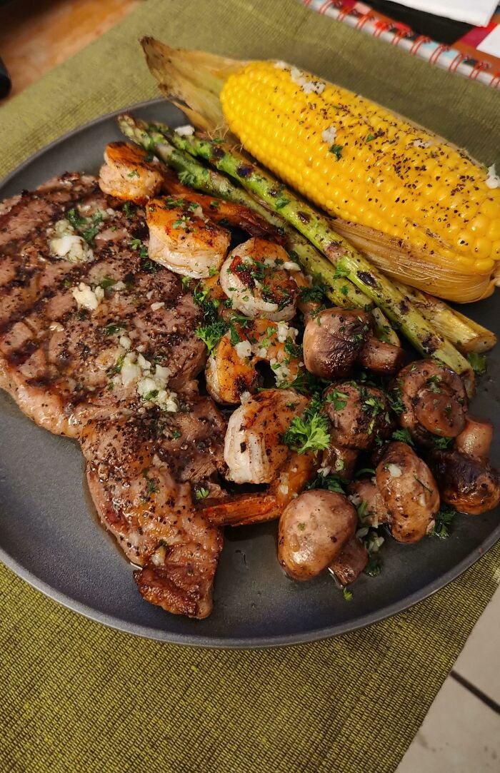 Homemade Steak, Shrimp, Mushrooms And Corn. Greetings From Saltillo, México 