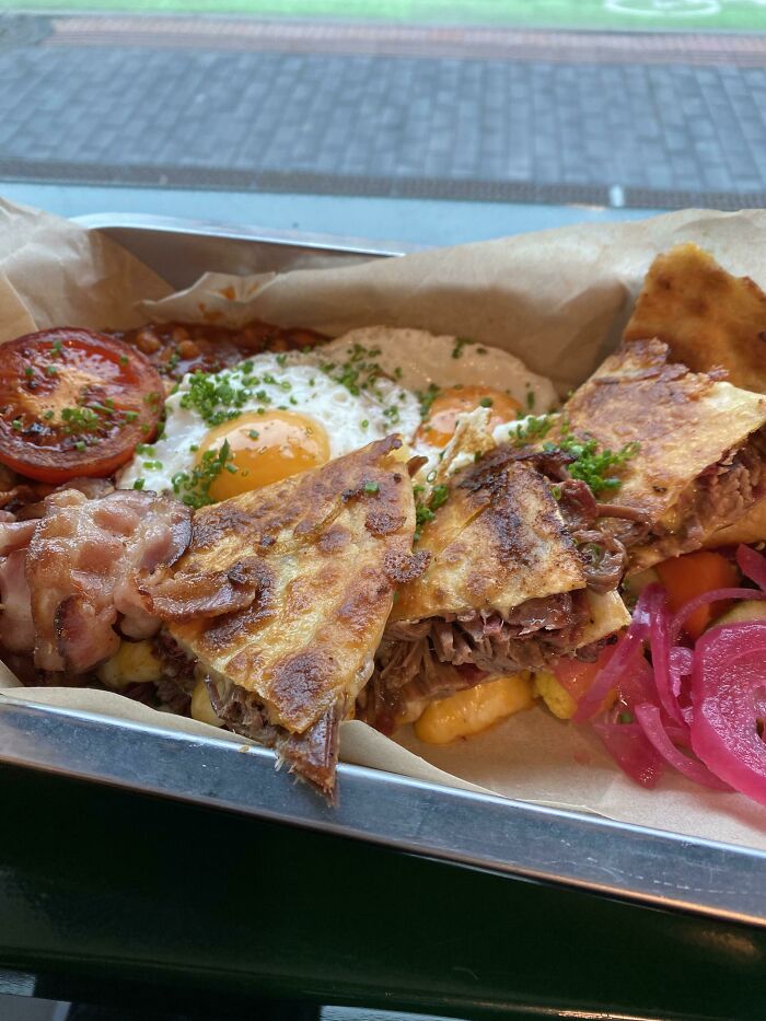 My Local Butcher Does Breakfast. Pulled Pork Quesadilla English Style!