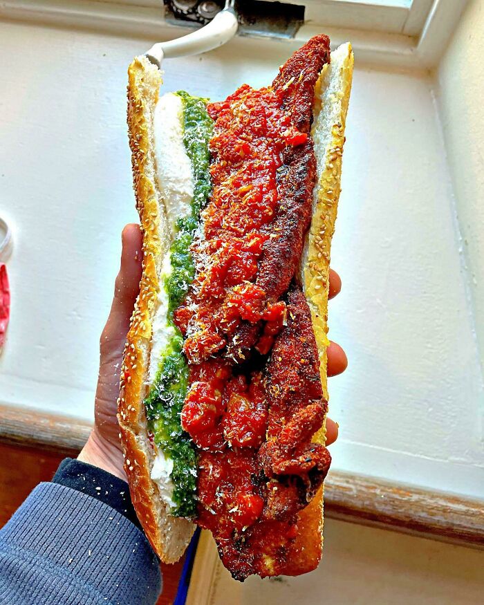Hot Chicken Cutlets, Amatriciana W/ Diced Prosciutto, Burrata, Handmade Pistachio Pesto, Calabrian Chili Garlic Mayo, On A Seeded Long Roll