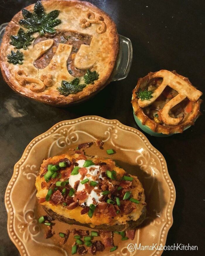 Two savory pies with decorative crusts and a loaded baked potato topped with cheese, bacon, sour cream, and chives.