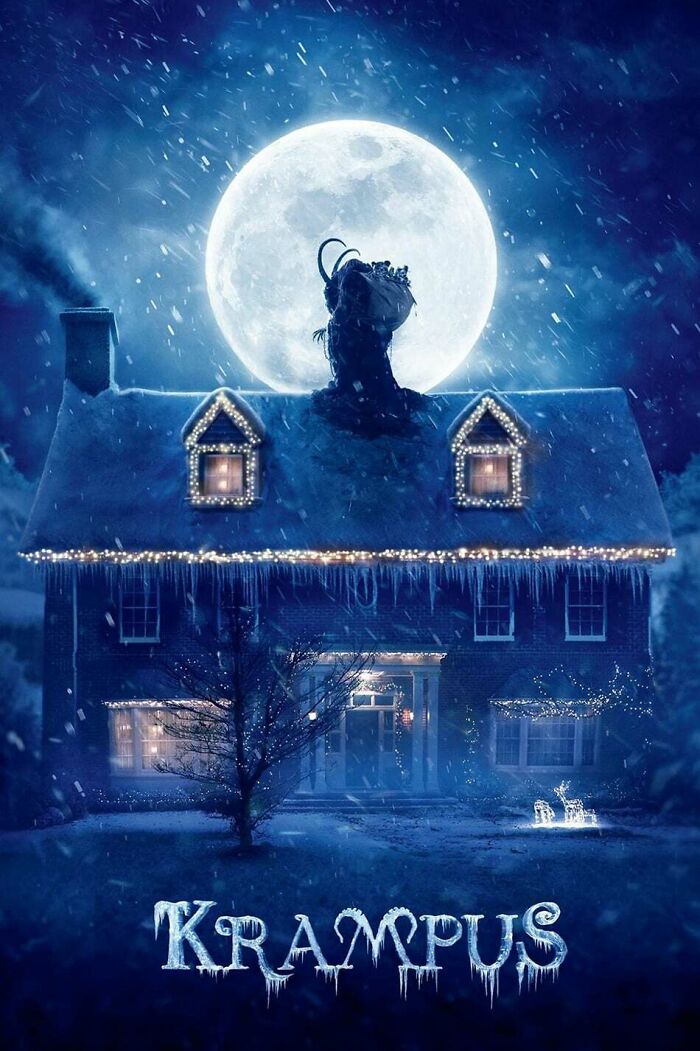 Krampus standing on snowy roof with full moon in background, a dark horror comedy scene under heavy snowfall.