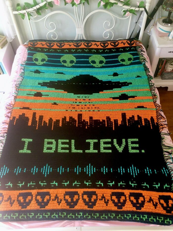 Finished! Overlay Mosaic Alien Invasion Afghan! A Gift For My Dad