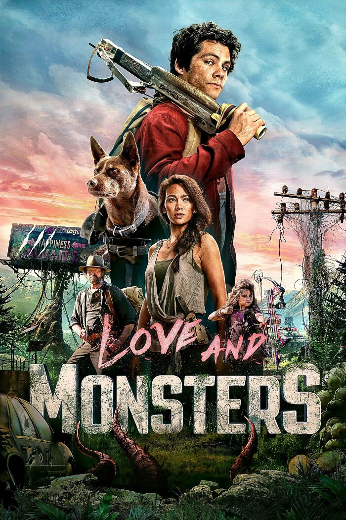 Poster of Love and Monsters featuring characters and a dog in a post-apocalyptic setting, related to horror comedies.