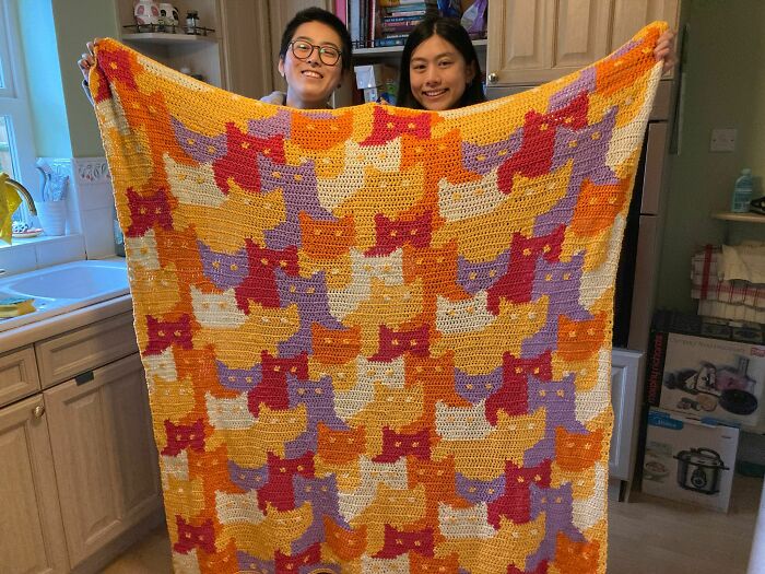 Passing My Finished Catghan To Its New Owner 