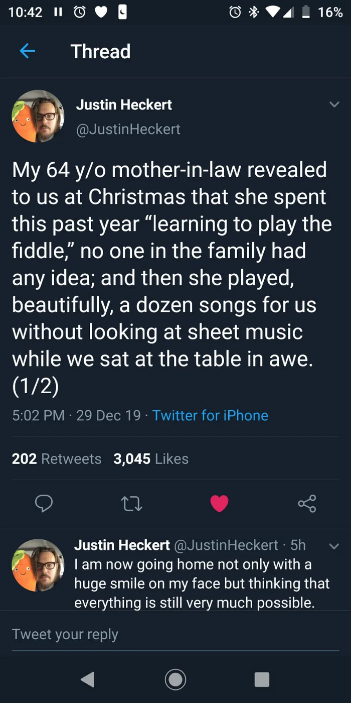 Tweet about a mother-in-law learning to play the fiddle and proving positive stories about mothers-in-law are true.