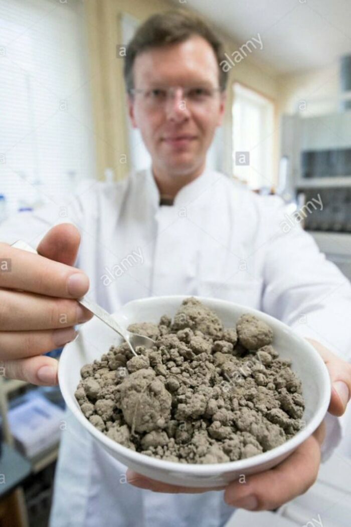 Scientist holding a bowl of dirt with a spoon in a lab, illustrating a weird stock photo concept.