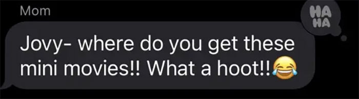 Text message from mom laughing and asking where to find funny mini movies, showing a positive mother-in-law interaction.